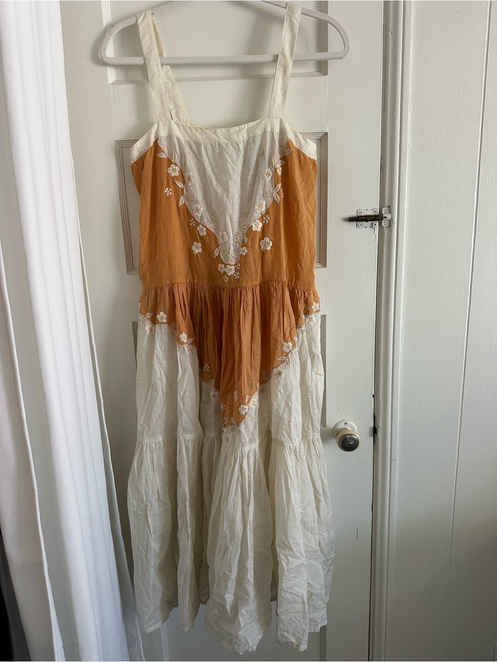 Chasing Unicorns Cream and Rust Tiered Embroidered Sundress